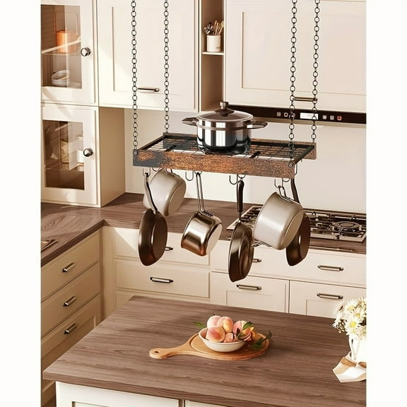 Ceiling Mount Pot Rack 24x13 Inch with 12 S-Hooks, Rustic Brown Metal Hanging Organizer for Kitchen Storage