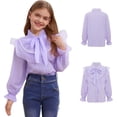 thumbnail image 2 of Mercatoo Teen Girls Cotton Long Sleeve Tops Kids Princess Button Down Shirt Tween Bow Tie Pearl Trim Ruffl1 Collar Blouse Cute Clothes, 2 of 6