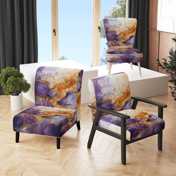 Designart "Gold Purple Fractal I" Gold Abstract Upholstered Accent Chair - Modern Arm Chair For Living Room