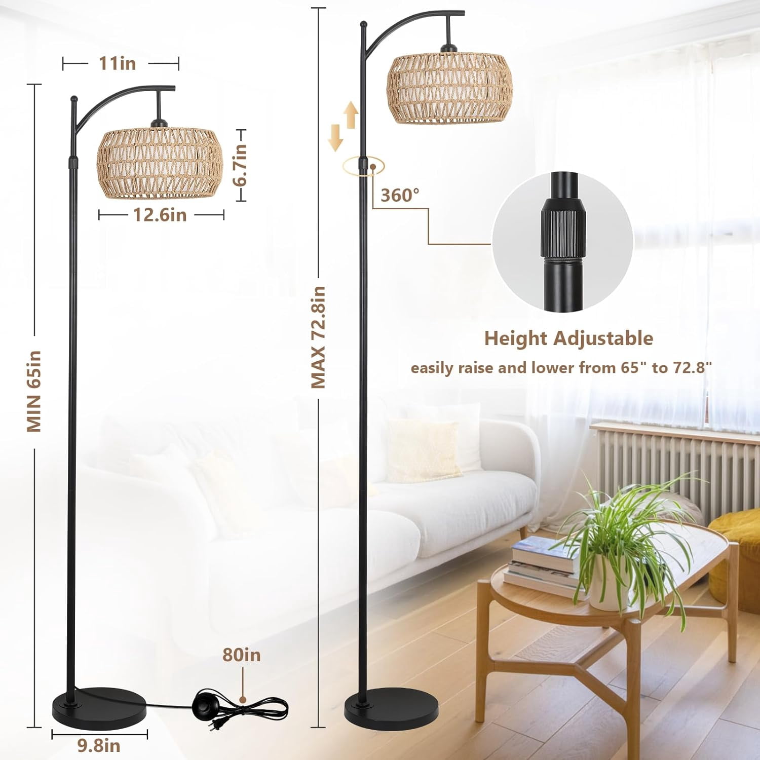 Arc Floor Lamp with Remote Control, Dimmable LED, Rattan & Fabric Shade, Black/Brown