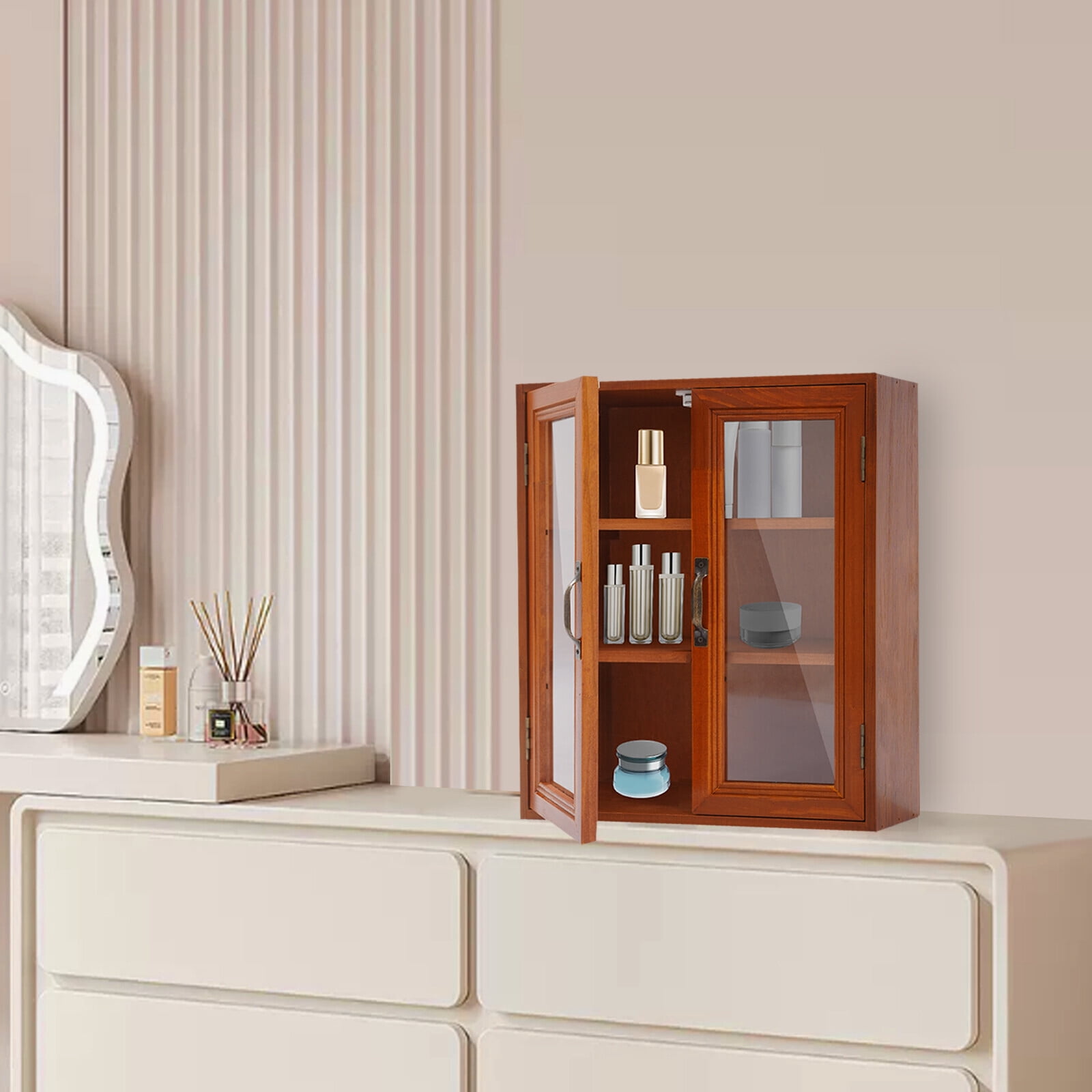 Wood Storage Cabinet 3-Tier Storage Cupboards Double Door Pantry Cabinet Brown
