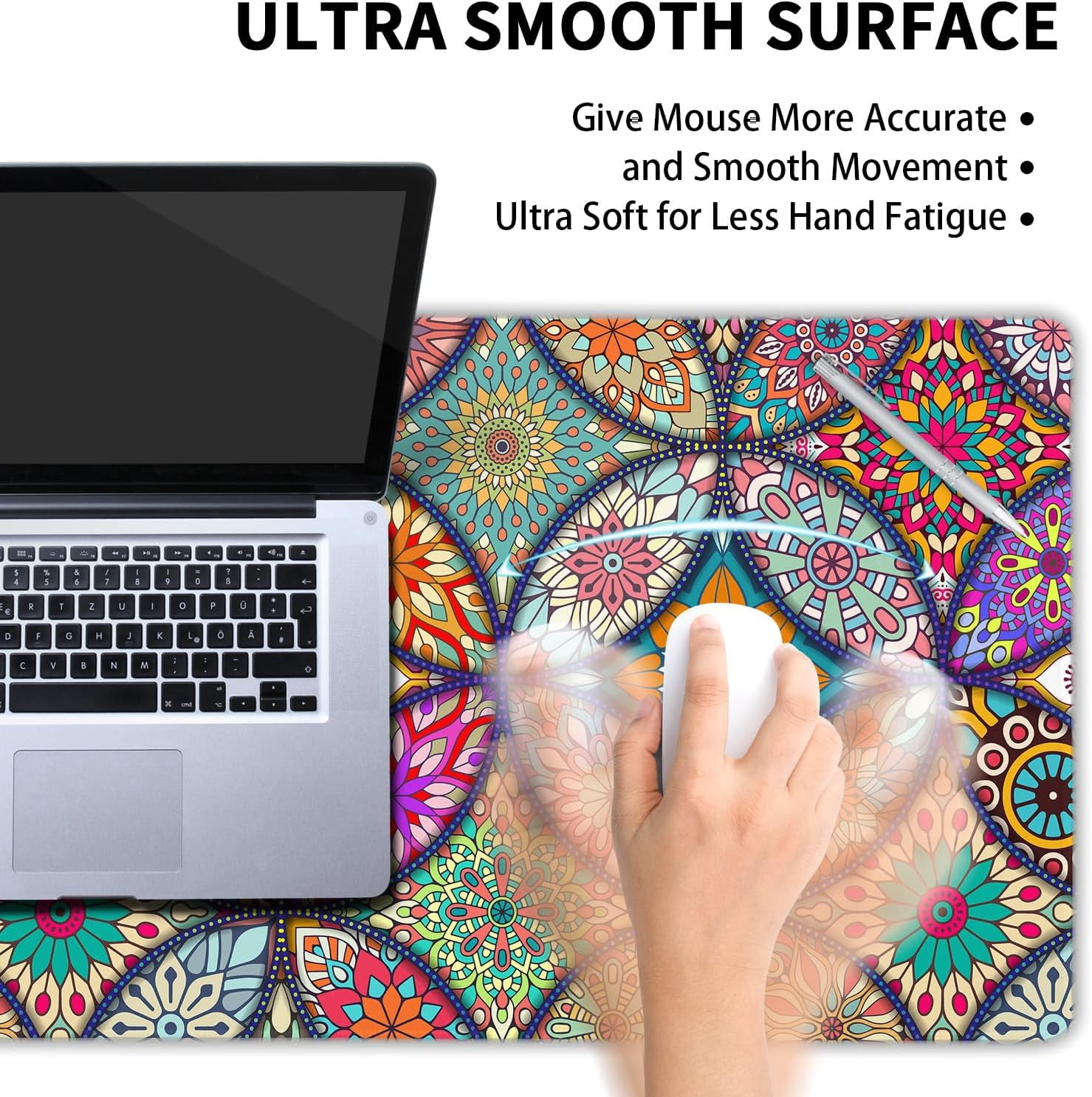Colorful Mandala Gaming Mouse Pad XXL Pretty Boho Bohemian Extended Big Large Desk Mat Non-Slip Rubber Base Stitched Edge Long Keyboard Mousepad for PC Computer Laptop,35.4×15.7 in