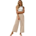 thumbnail image 6 of Miluxas Womens Solid Wide Leg Ankle Pants Elastic High Waisted Straight Leg Cropped Pants with Pockets Work office Dressy Trousers Streetwear Beige, 6 of 8