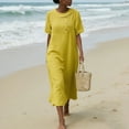 thumbnail image 4 of Blmnix Dresses for Women Button Down Beach Dress Popover Under Dress Crew Neck Tea-Length Short Sleeve Casual Dresses for Women,M, 4 of 6