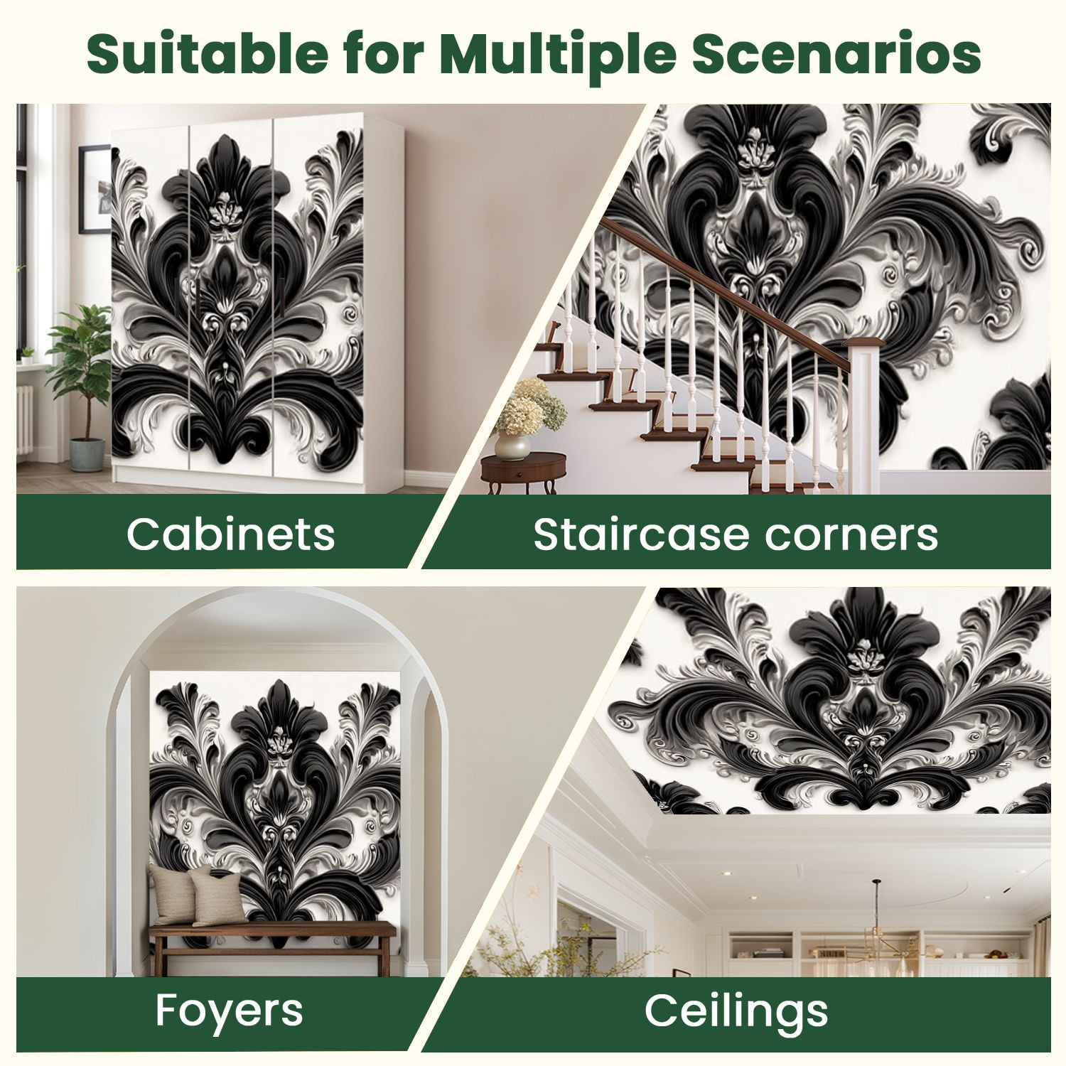 Peel and Stick Wallpaper Black White Damask Multicolor Floral Motifs Scrollwork Symmetrical Modern Art Wall Mural Decor Self Adhesive and Removable 100in x 144in