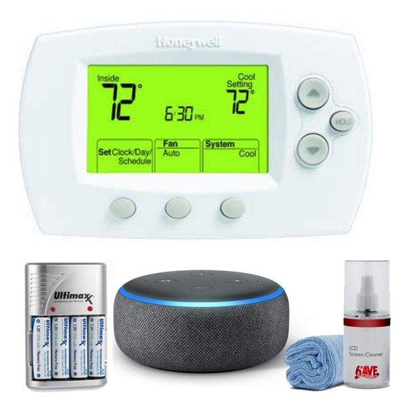 Honeywell TH6220 FocusPro 6000 5-1-1 Programmable Heat Pump Thermostat Kit with Charcoal Amazon Alexa Echo Dot (3rd Gen)
