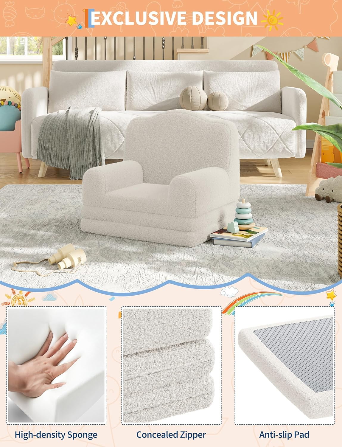 Kids Couch, 2-in-1 Convertible Teddy Fleece Fabric Toddler Sofa Chair, Soft Fold Out Couch Lounger for Kids, Comfy Children's Sofa Bed for Playroom, Nursery, Birthday Gift (White Crown)
