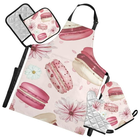 Macarons and Beautiful Daisies Apron Set with Oven Mitts Pot Holders Set of 5 Kitchen Stuff Accessories