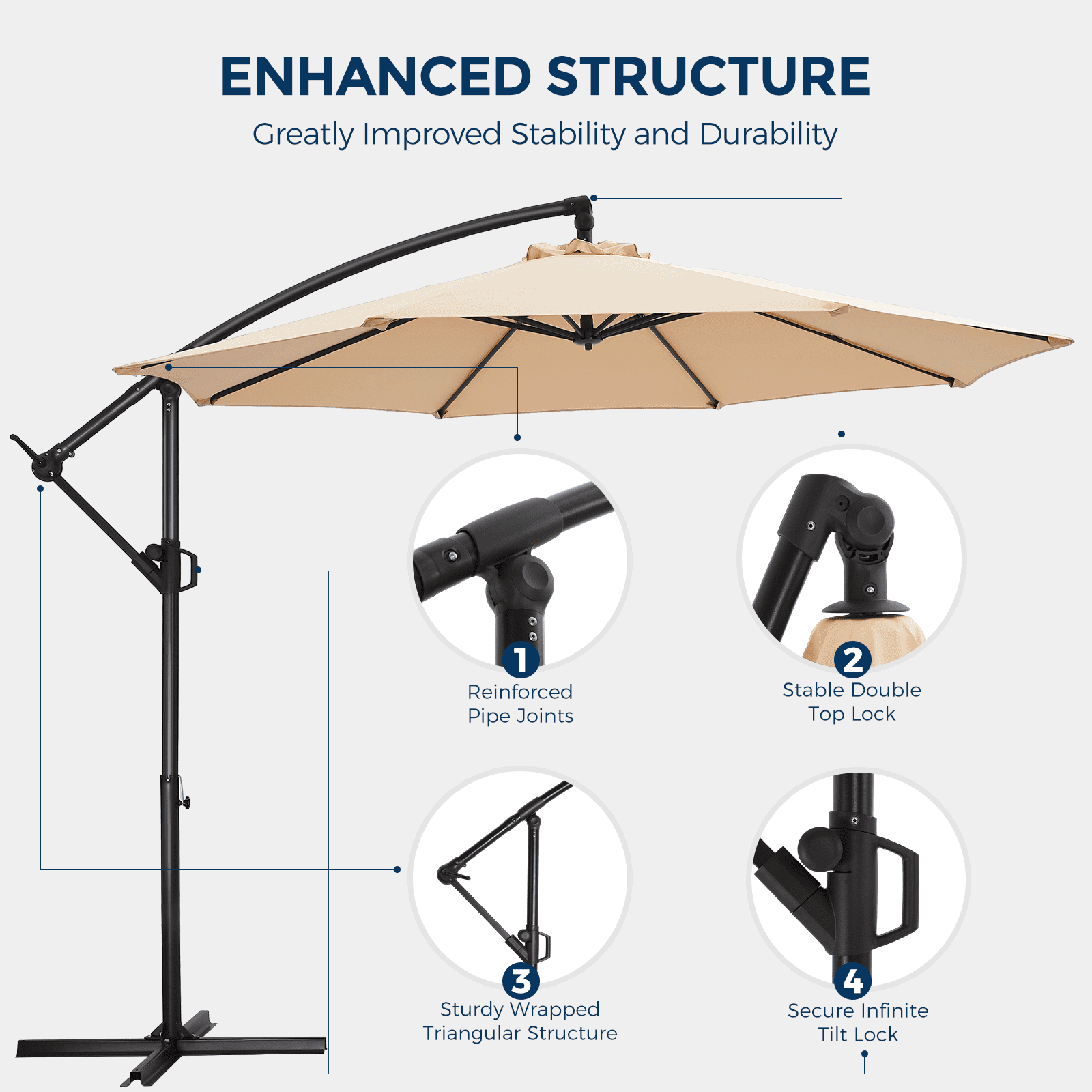 Patbrela 10ft Cantilever Patio Umbrella, 360-Degree Rotation Hanging Offset Market Outdoor Umbrella, Tilt Adjustment, for Backyard, Deck, Poolside, Beige (Base not included)