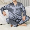 thumbnail image 3 of zeranth 2pcs/Set Men Pajamas Set Satin Lapel Long Sleeve Single-breasted Patch Pocket Elastic Waist Soft Wide Leg Men Homewear Shirt Pants Set Fall Spring Sleepwear, 3 of 6