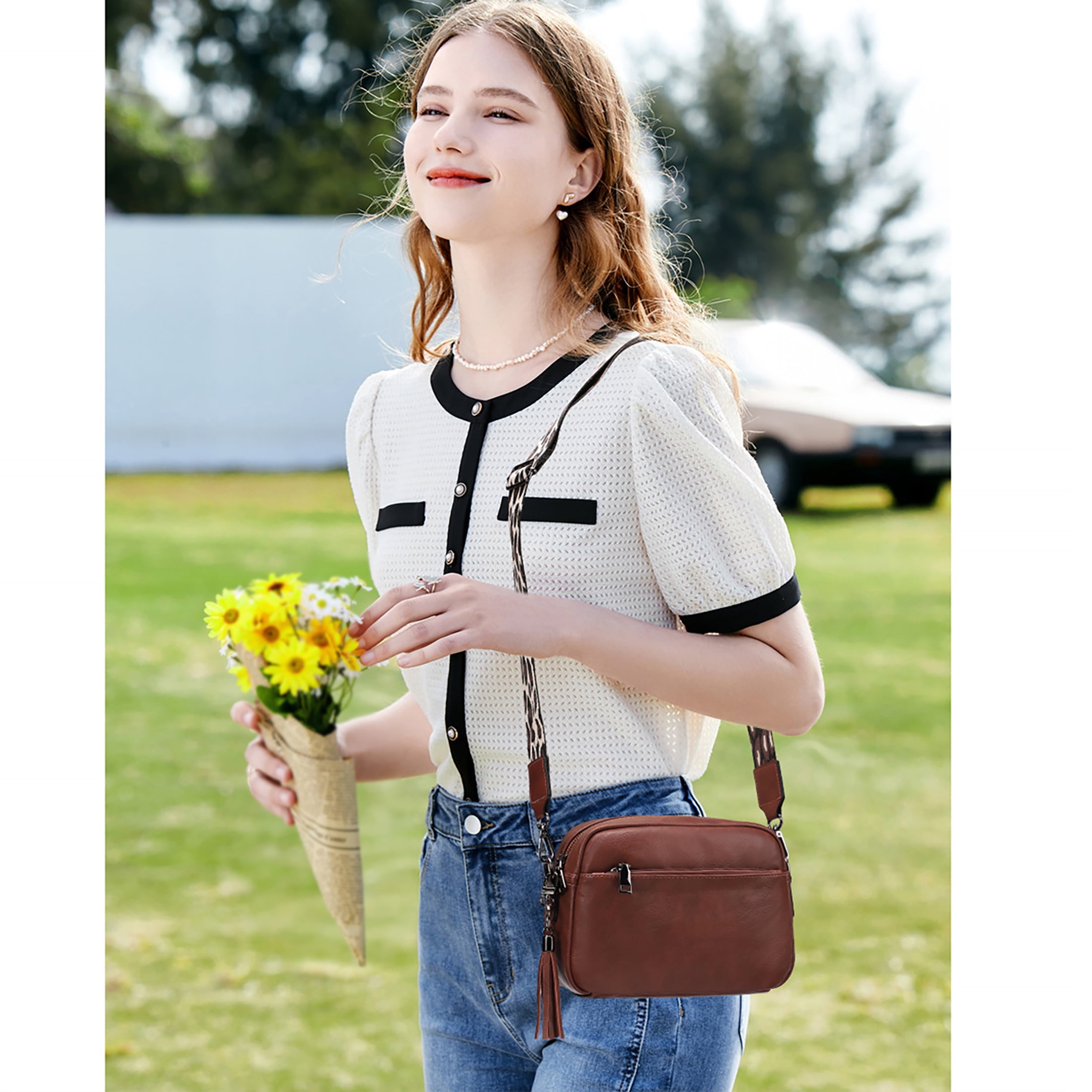 KL928 Small Crossbody Bag for Women Soft FAUX Leather Cell Phone Purse Wallet Purse with Wide Strap(Chestnut Brown)