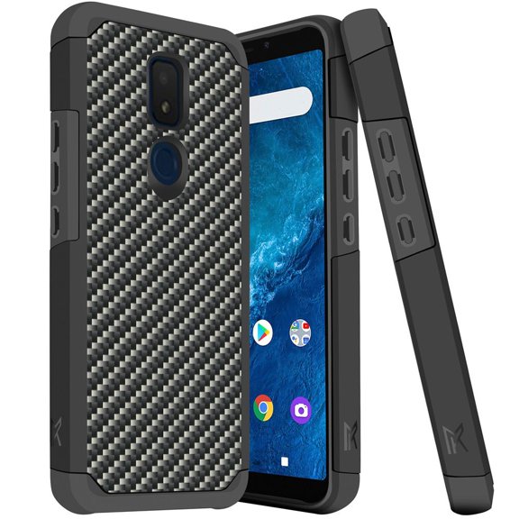 ANJ  Slim Dual Layer Hybrid Shockproof Case   Tempered Glass Cover for Cricket Icon 3, Splendor, AT&T Motivate 2 - Carbon Fiber Pattern