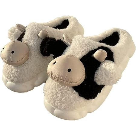 

PIKADINGNIS Women Men Cozy Cute Cow House Slippers Cartoon Fluffy Fur Soft Fashion Cover Heel Fleece Lining Indoor Shoes Winter Outdoor