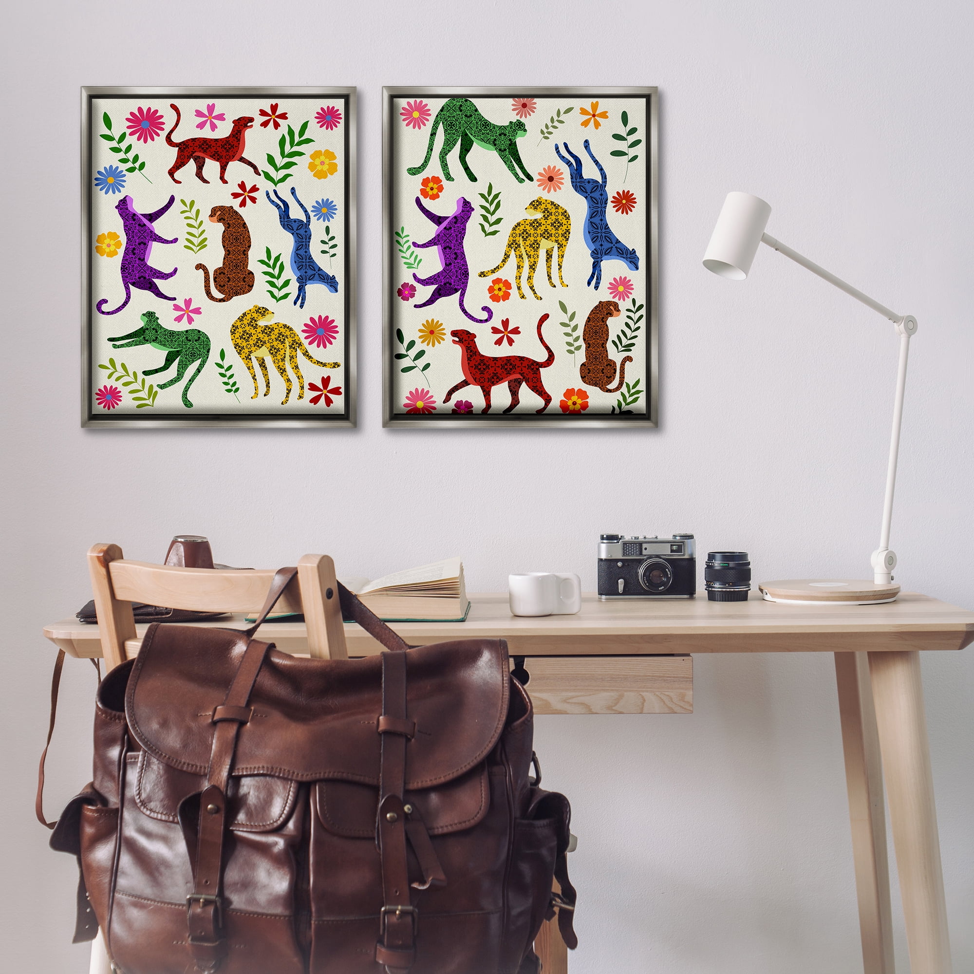 Stupell Industries Patterned Floral Jungle Cats Animals Painting Gray Floater Framed Canvas Art Print Wall Art, 31 x 25, Set of 2