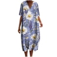thumbnail image 1 of yoeyez Robes d'Été en Lin pour Femmes, Robes en Coton Lin Imprimé Floral Manches Courtes Col en V Robe Ample Vacances Plage Soleil Robe Bleue,4TG, 1 of 5