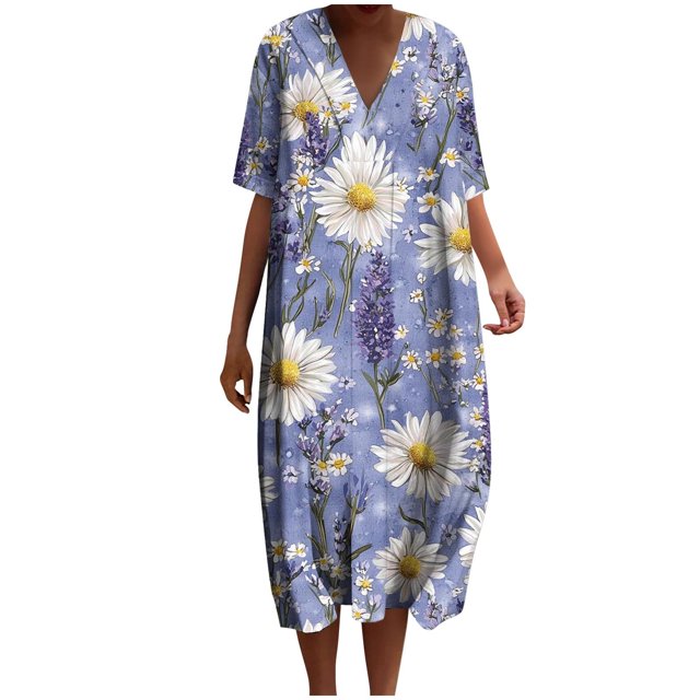 yoeyez Robes d'Été en Lin pour Femmes, Robes en Coton Lin Imprimé Floral Manches Courtes Col en V Robe Ample Vacances Plage Soleil Robe Bleue,4TG