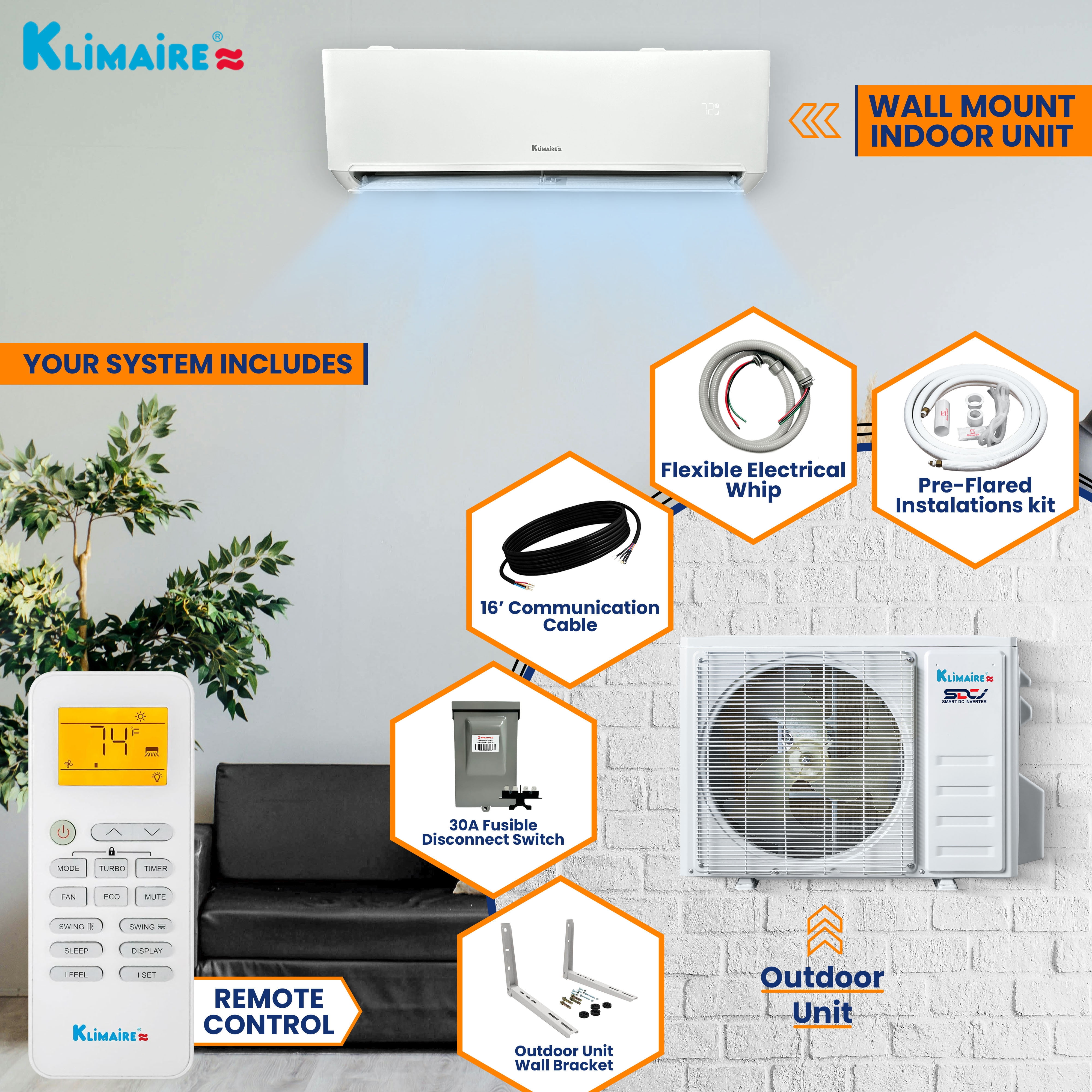 Klimaire 12,000 BTU 22 SEER2 Ductless Mini-Split Heat Pump Air Conditioner 550 sq. ft. (115V)