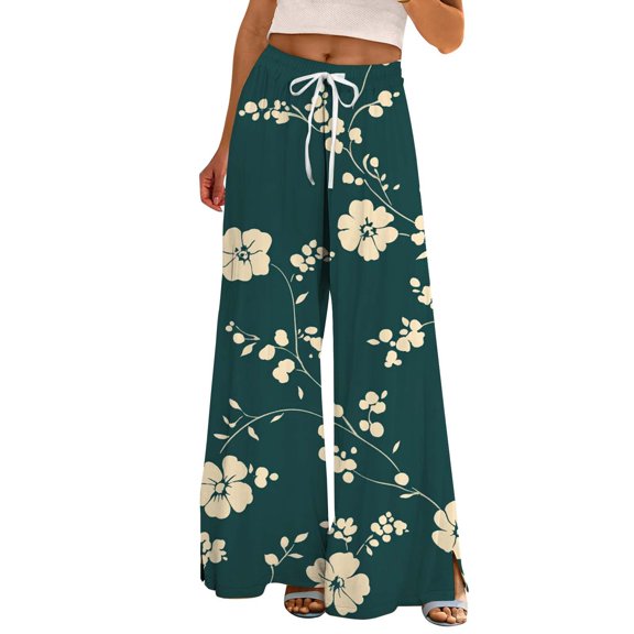 TRUBKH boho pants for women High Waist Wide Leg Pants Floral Solid Long Palazzo Pants Summer Print Boho Palazzo Pants High Waist Trousers With Pockets women's lounge boho outfits for women Brown L