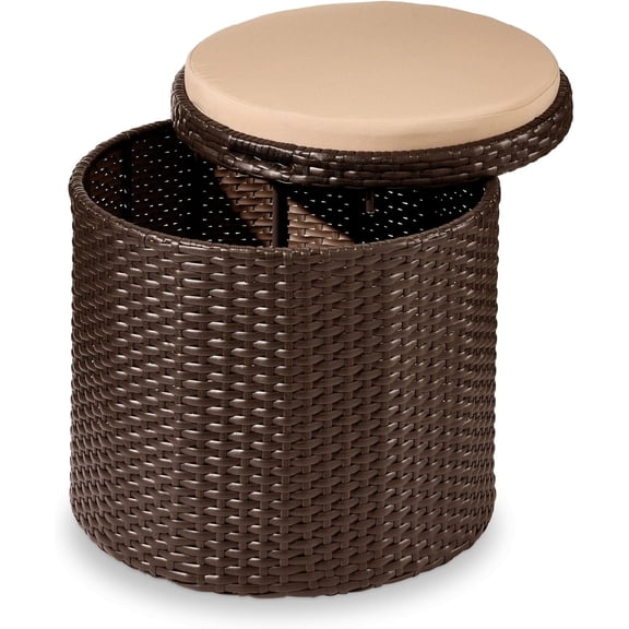 HZAT Round Wicker Ottoman, Multipurpose Outdoor Furniture for Patio, Backyard, Additional Seating, Footrest, Side Table w/Storage, Removable Cushions – Brown/Beige