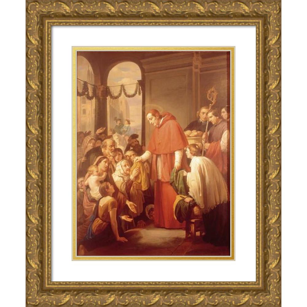 José Salomé Pina 15x18 Black Ornate Wood Framed Double Matted Museum Art  Print Titled - Saint Charles Borromeo Handing Out Alms to the People (1853)