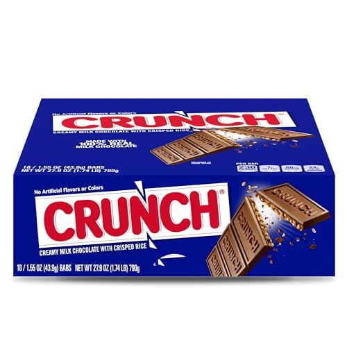 Crunch, Bulk 18 Count, Milk Chocolate and Crisped Rice, Full Size, Individually Wrapped Candy Bars, Halloween Candy, 1.55 oz Each