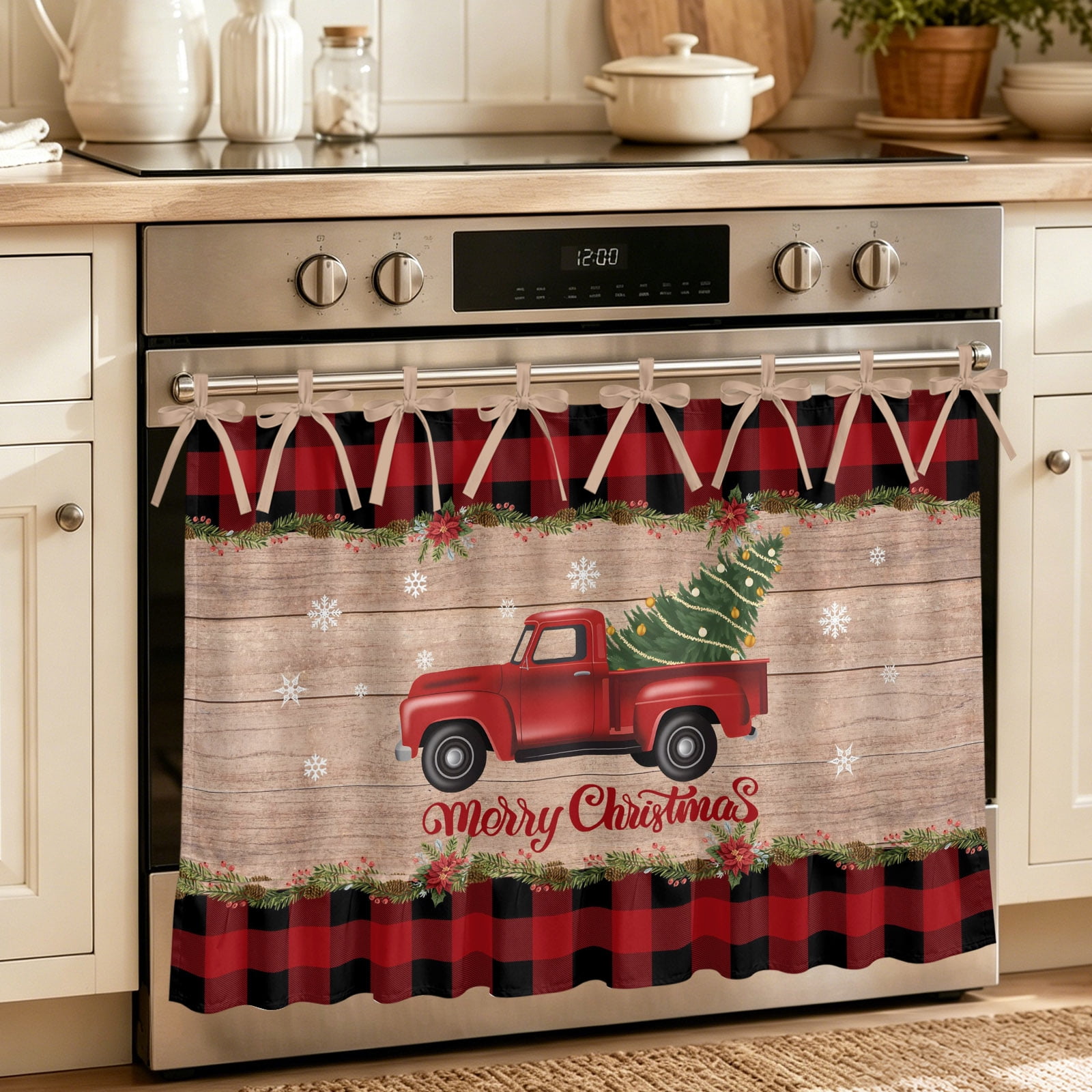 Oven Curtain for Kitchen Merry Christmas Red Truck on Wooden Stove Curtain With Ruffled Trim Dishwasher Curtains Red Black Plaid Oven Skirt 32 x24