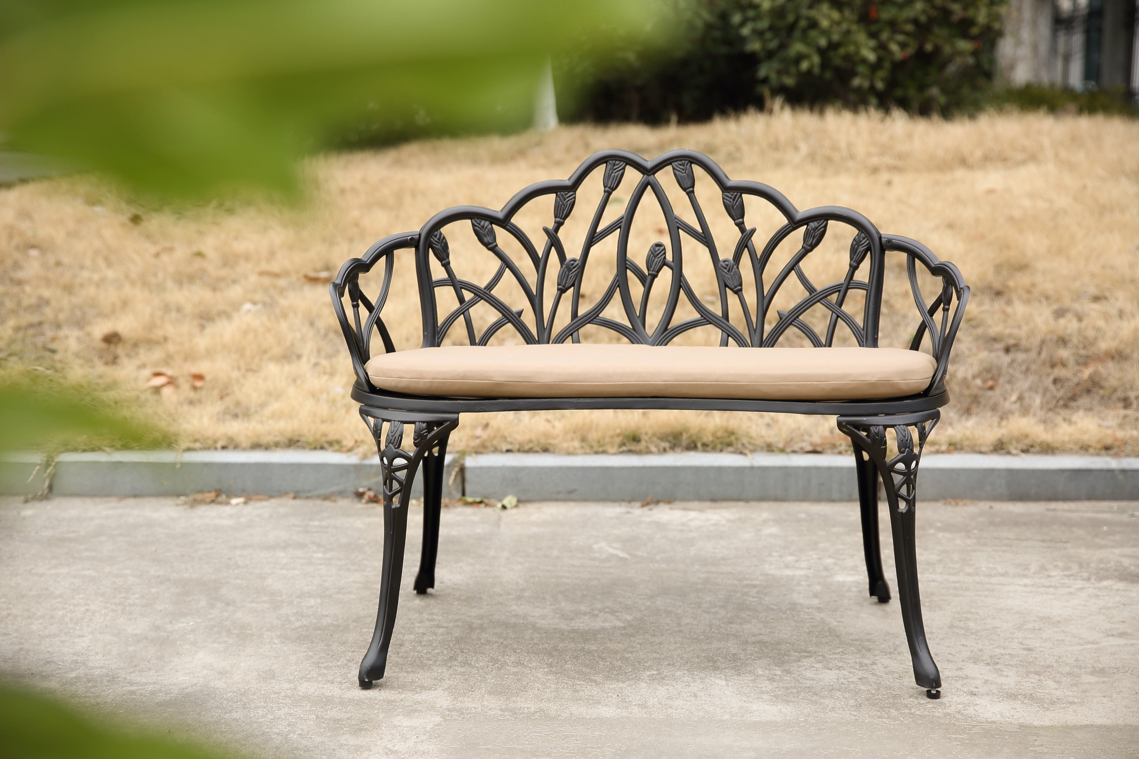 Cast Aluminum Tulip Garden Bench with Cushion, Weather-Resistant Outdoor Park Bench for Patio and Lawn, Black