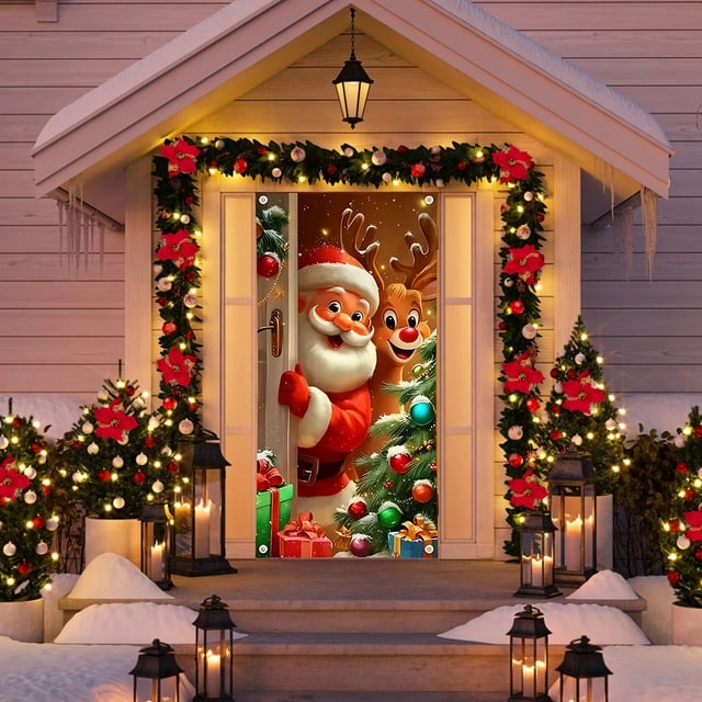 Cortina navideña para puerta con Papá Noel y renos | Decoración festiva para la puerta principal | Decoración colgante para puerta de interior o exterior con escena navideña