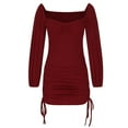 thumbnail image 4 of Women Puff Long Sleeve Dress Solid Color Square Neck Slim Fitted Mini Dress Drawstring Ruched Short Club Dress, 4 of 7