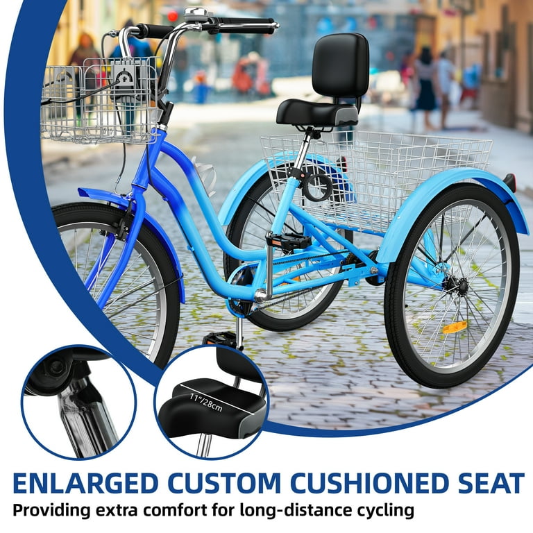 Uforic 26 Inch 3 Wheel Bike Single Speed Adult Trike Low Step Through Cruiser with Front Rear Baskets Large Adjustable Seat with Backrest for Seniors Men and Women Light Blue Dark Blue