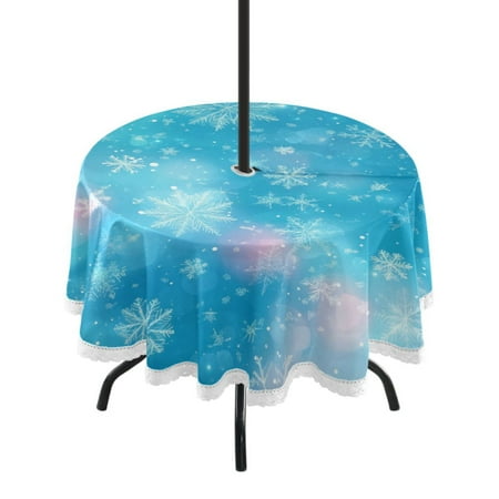 

60 Outdoor Round Tablecloth with Umbrella Hole & White Lace Trim Waterproof Patio Table Cover for Garden Kitchen Dining Blue Snowflake Background