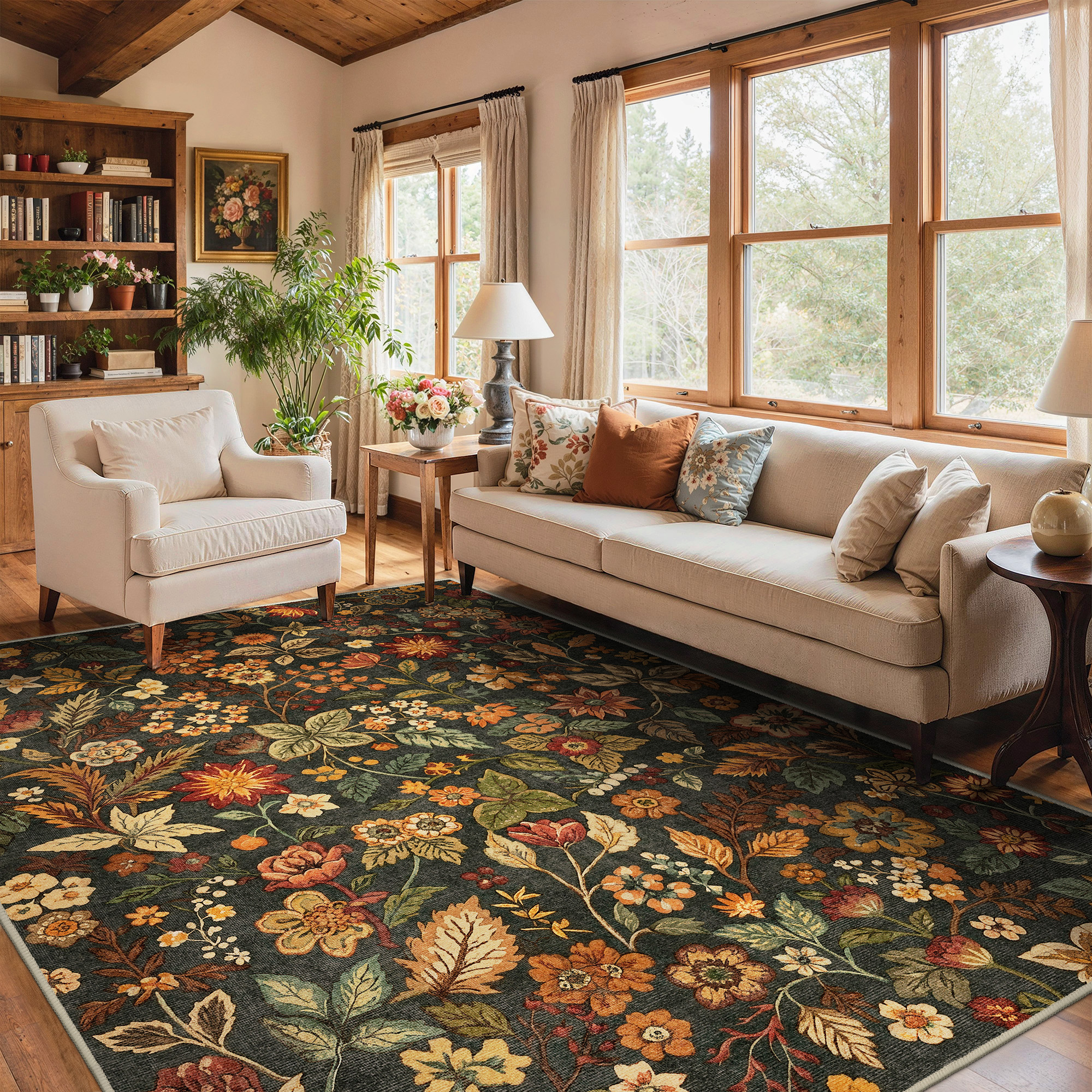 KUETH 5x7 Vintage Floral Area Rugs Machine Washable Rugs for Living Room, Non Slip Flat Pile Rug with Rubber Backing, Boho Rug for Entryway Bedroom Dining Room Home Office