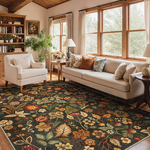 KUETH 5x7 Vintage Floral Area Rugs Machine Washable Rugs for Living Room, Non Slip Flat Pile Rug with Rubber Backing, Boho Rug for Entryway Bedroom Dining Room Home Office