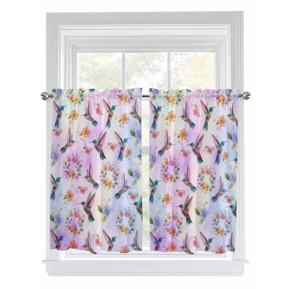 Pink Purple Hummingbird Bathroom Window Curtain, Spring Watercolor Flowers Leaf Plant Light Filtering Coffee Kitchen Curtains, Bedroom Living Room Curtains 2 Panel 84"x45"