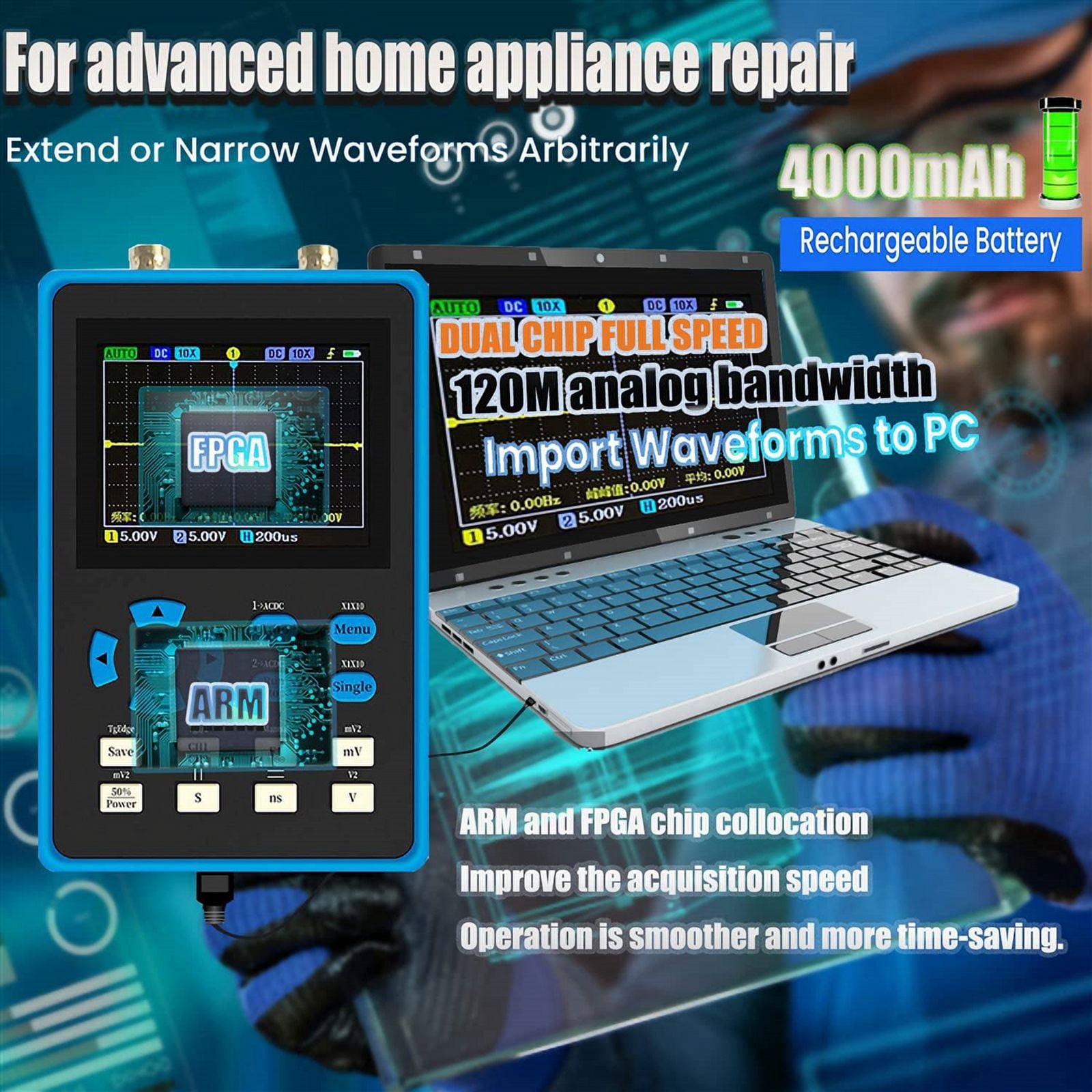 DSO2512G Oscilloscope - 2-in-1 Digital Oscilloscope & DDS Signal Generator, 120Mhz Bandwidth 500MSa/S Sampling Rate
