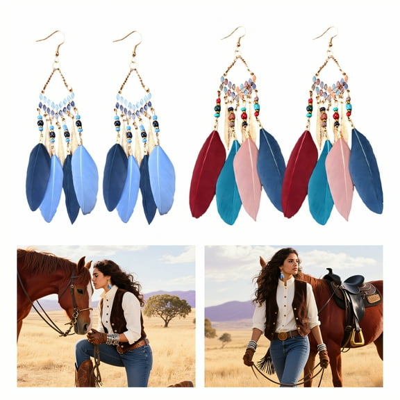 DESIGNICE 2Pairs Western Earrings,Alloy Cowgirl Earrings,Plush Feel Western Jewelry for Women,6"X1.6",Style1
