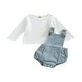 thumbnail image 1 of Baby 2PCS Spring Romper Suit  Long Sleeve Plain Ribbed Crew Tops+ Buckle Shoulder Straps Snap Triangle Suspender Romper, 1 of 7