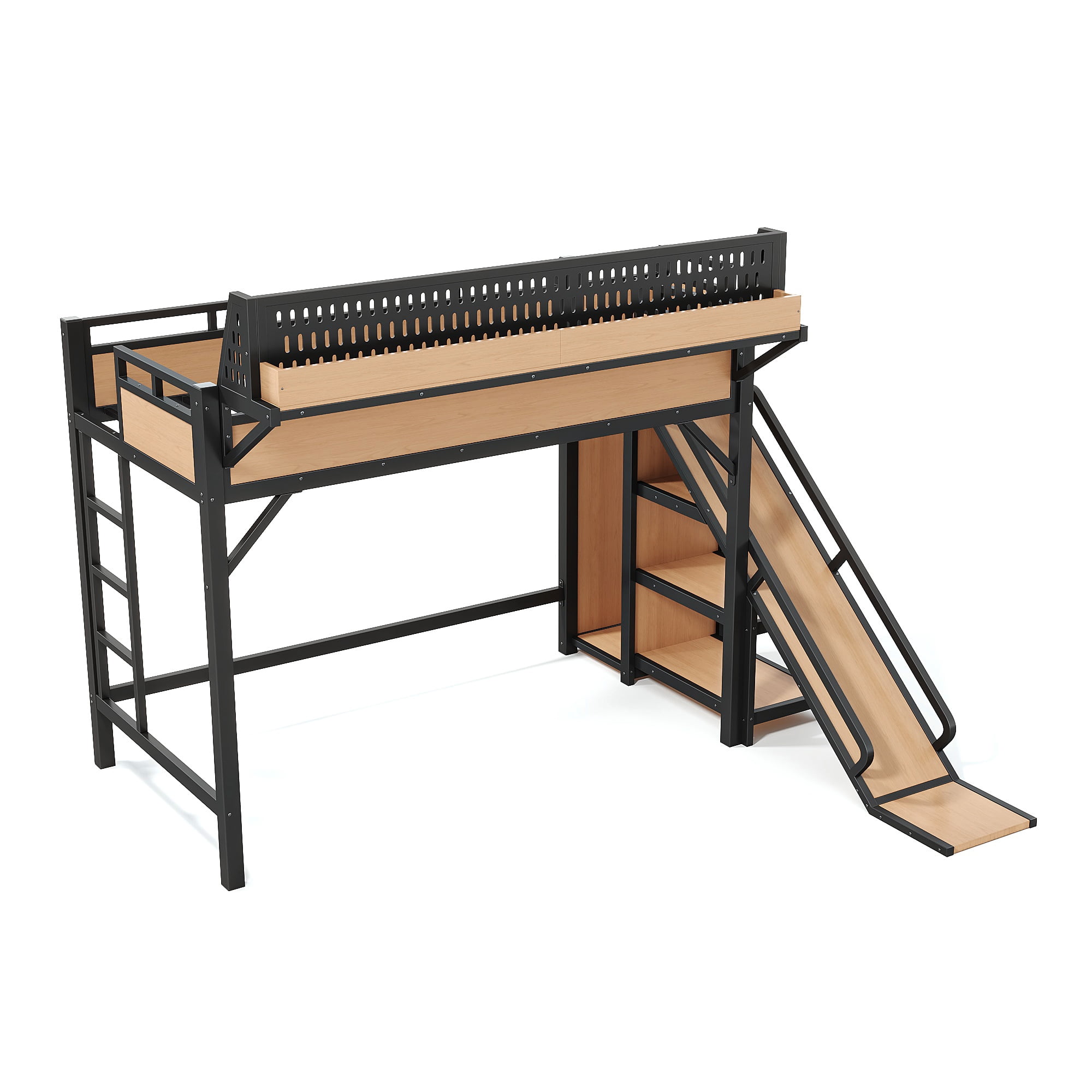 Aukfa Twin XL Loft Bed with Slide, Shelves, Wardrobe, USB Ports & LED Lights, Heavy-Duty Metal Bed Frame for Kids Teens Adults, Natural