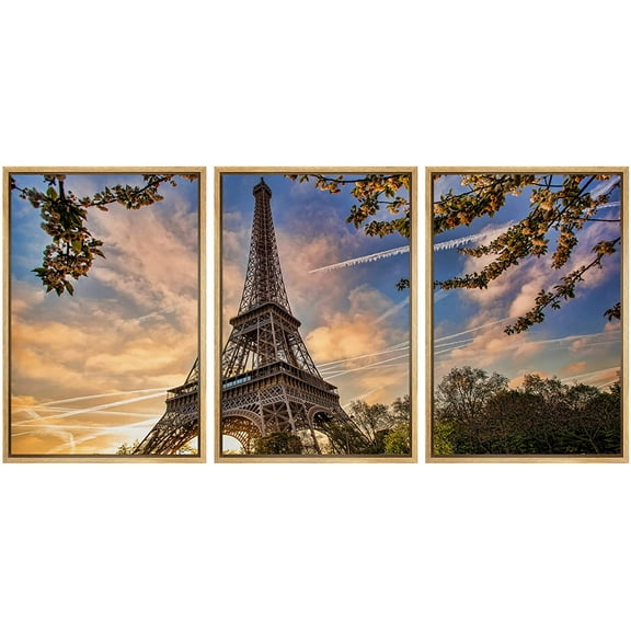 wall26 - 3 Piece Framed Canvas Wall Art - Eiffel Tower with Spring Tree in Paris, France - Modern Home Art Stretched and Framed Ready to Hang - 16"x24"x3 Natural