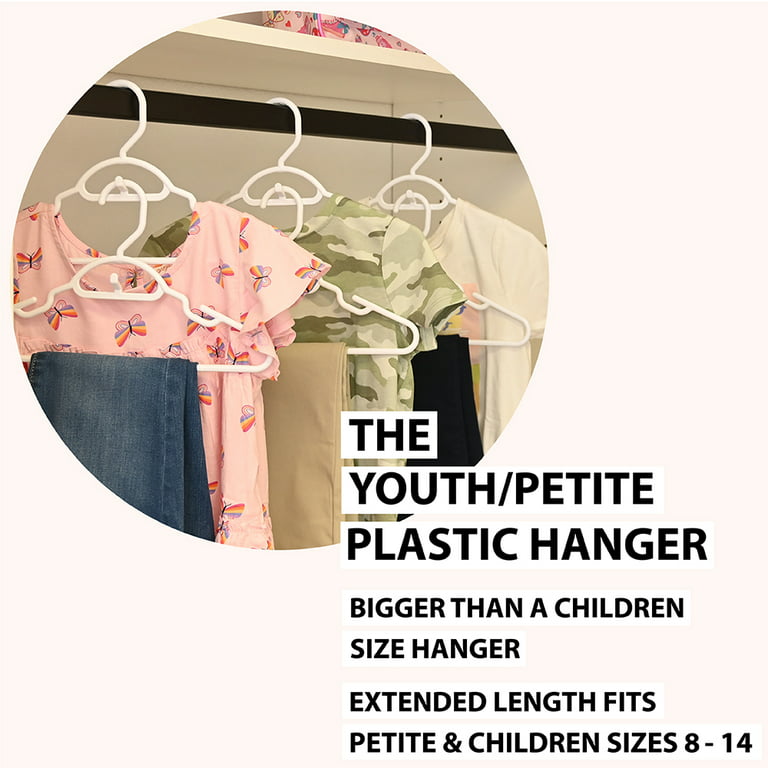 30 Pk Youth Petite Plastic Hangers, Medium, Petite, Teen, Preteen, Junior,  Children Sizes 8 to 14, White