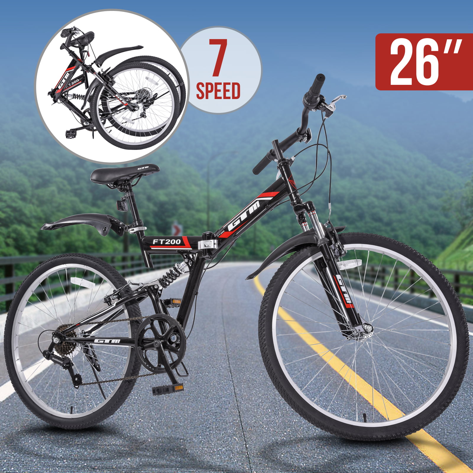 26" Folding Mountain Bike 7 Speed Hybrid Bicycle Shimano Full Suspension Sports 