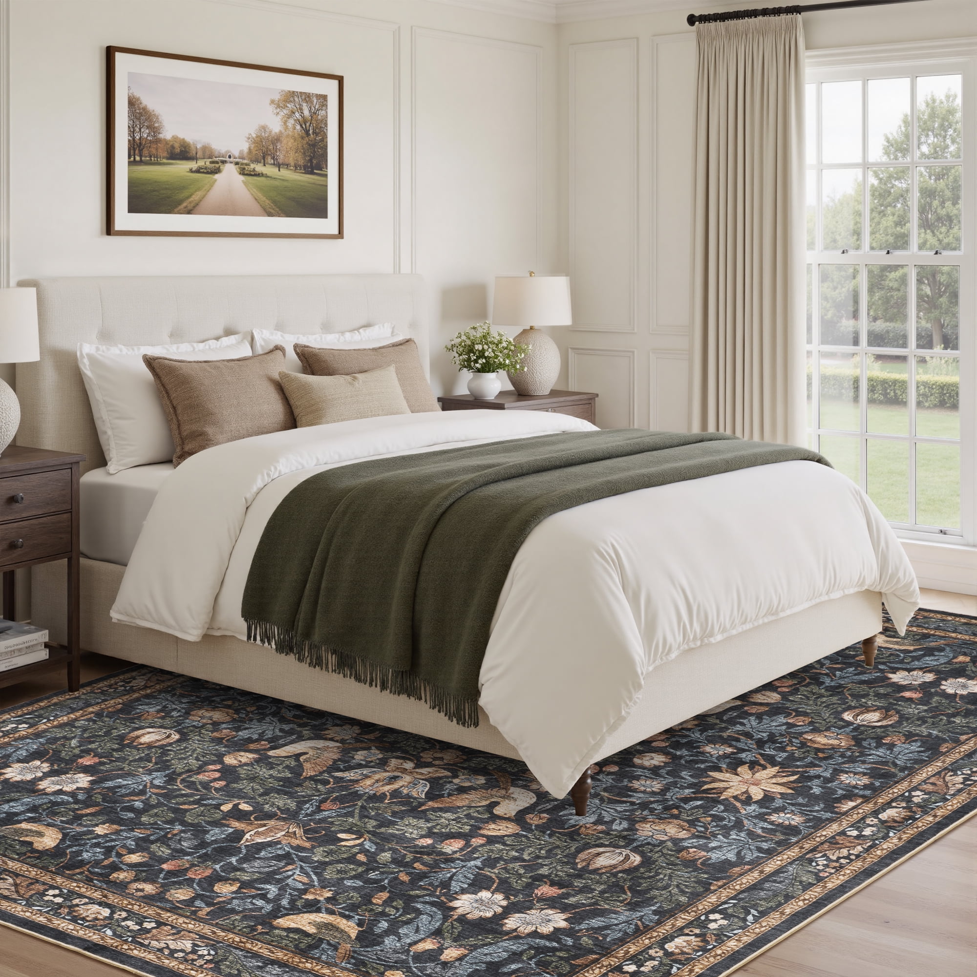 SIXHOME 9'x12' Rugs for Living Room Botanical Washable Rugs Boho Floral Birds Carpet Ultra Soft Nature Plants Modern Indoor Rugs for Bedroom Dining Room Office Vintage Home Decor Dark Green