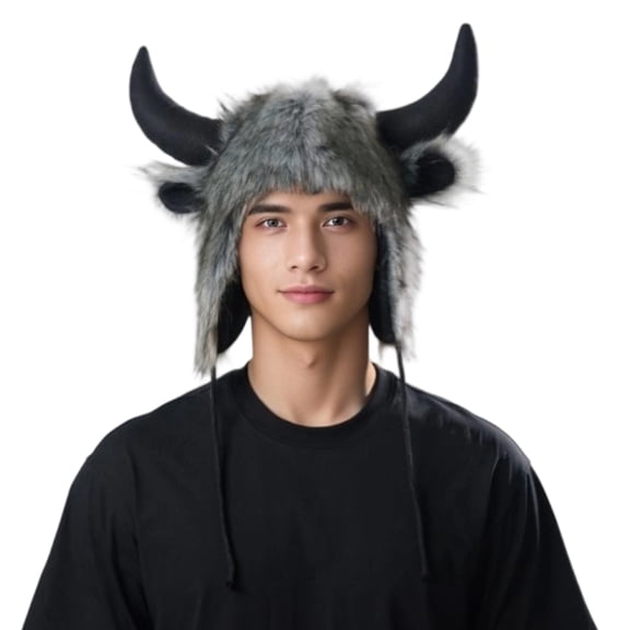 Cow Horn Ear Hat For Adult Unisex Cosplay Party Warm Plush Earflaps Hat for Winter Activity Masquerade Event Headpiece
