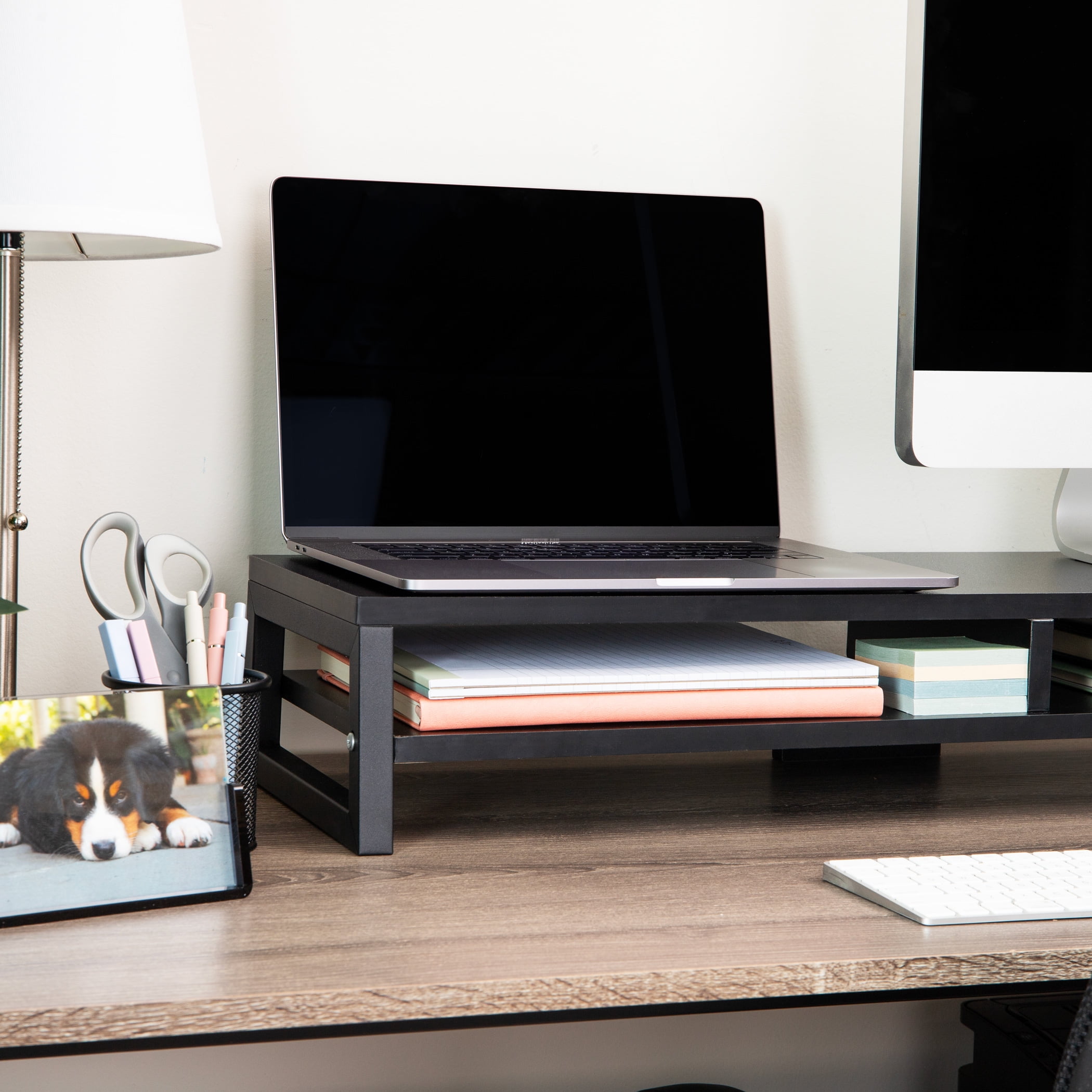 Mind Reader 2-Tier MDF Double Monitor Stand, Dual Screen Riser with Storage Shelf, Black
