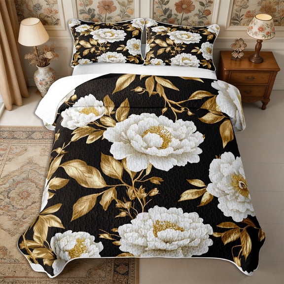 Manfei Vintage Peony Bloom Twin Quilt Set 2 Pieces,Oriental Floral Twin Coverlet Set,1 Bedspread and 1 Pillowcase