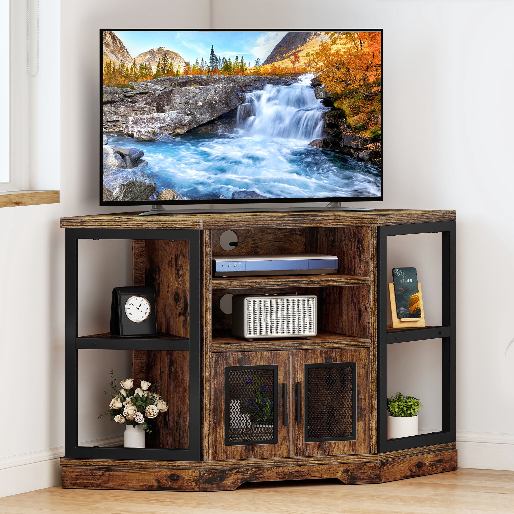 Uforic Corner TV Stand for TVs up to 55", Farmhouse Entertainment Center with Power Outlet,Brown