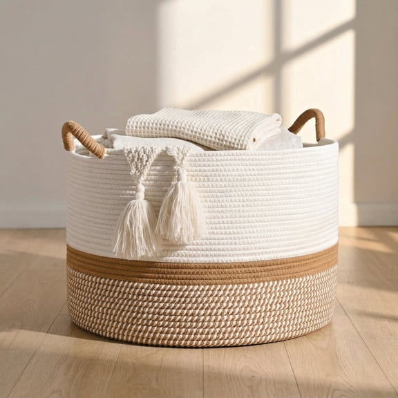 Large Cotton Rope Blanket Basket - 20 x 20 x 13 inch, Foldable Storage Basket for Living Room, Laundry, and Pillows, White and Brown