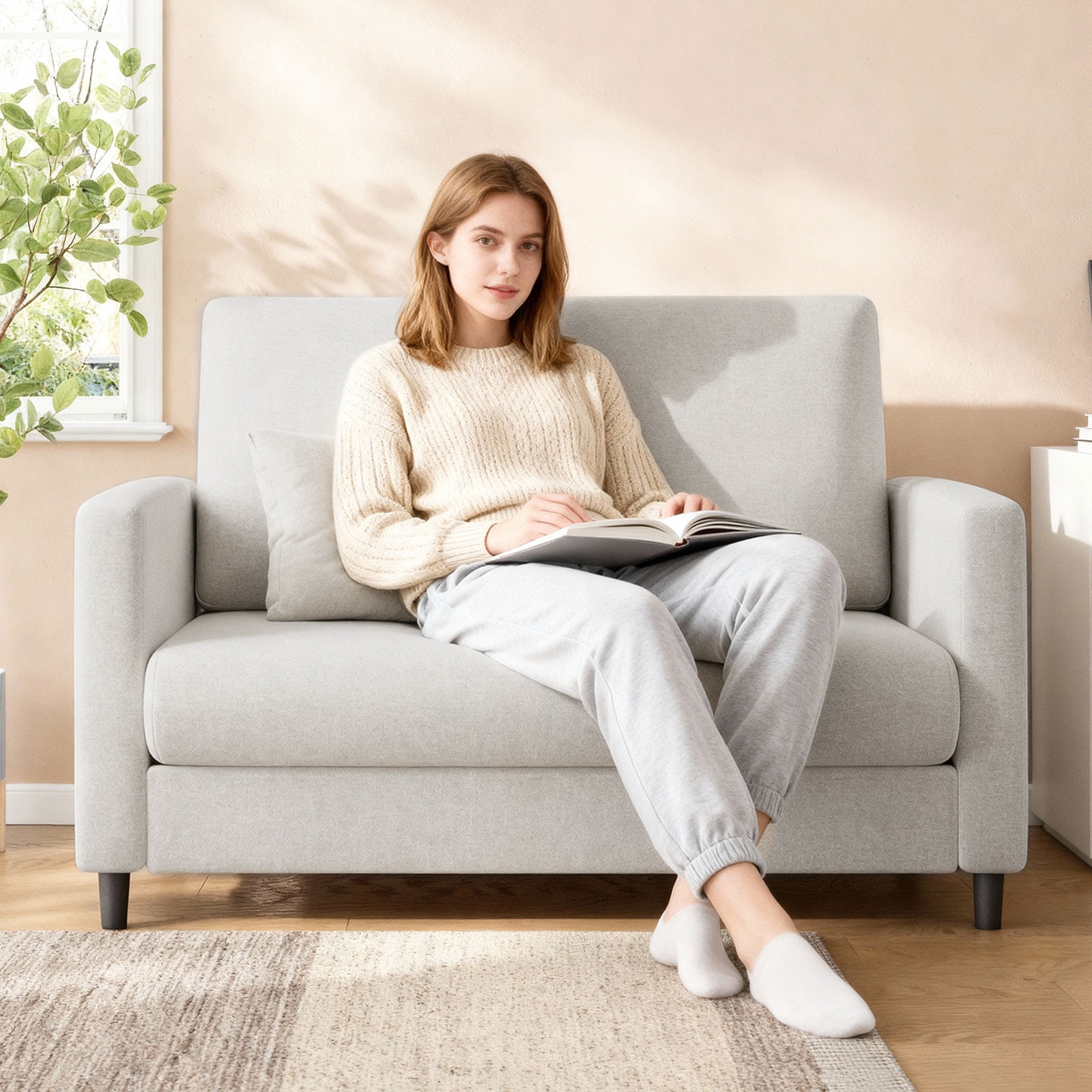 Small Space 52 Mid-Century Modern Loveseat Sofa Chenille 2-Seater Couch with Solid Wood Frame Armrests Tool-Complimentary Setup for Living Room/Bedroom/Apartment Beige