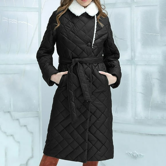 EGNMCR Womens Long Puffer Coat, Long Sleeve Padded Winter Down Coats, Hooded Parka Jacket Womens Winter Clothes Plus Size Warm Lapel Leather Cotton Coat Long Sleeve Jacket Women Coat