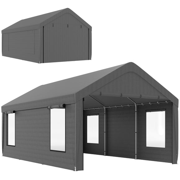 Outsunny Carport, 12 x 20ft Portable Garage, Dark Grey